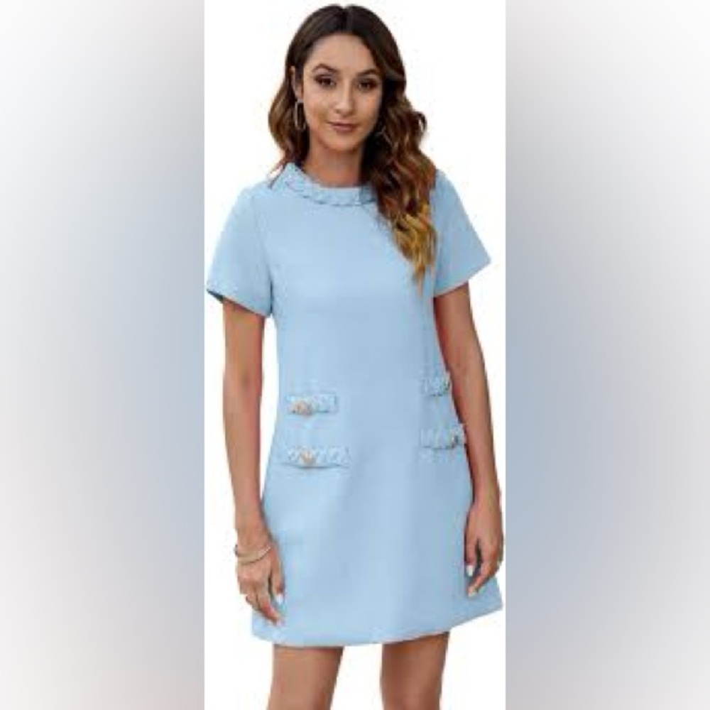 Light Blue Tweed Short Sleeve Dress with Gold Buttons